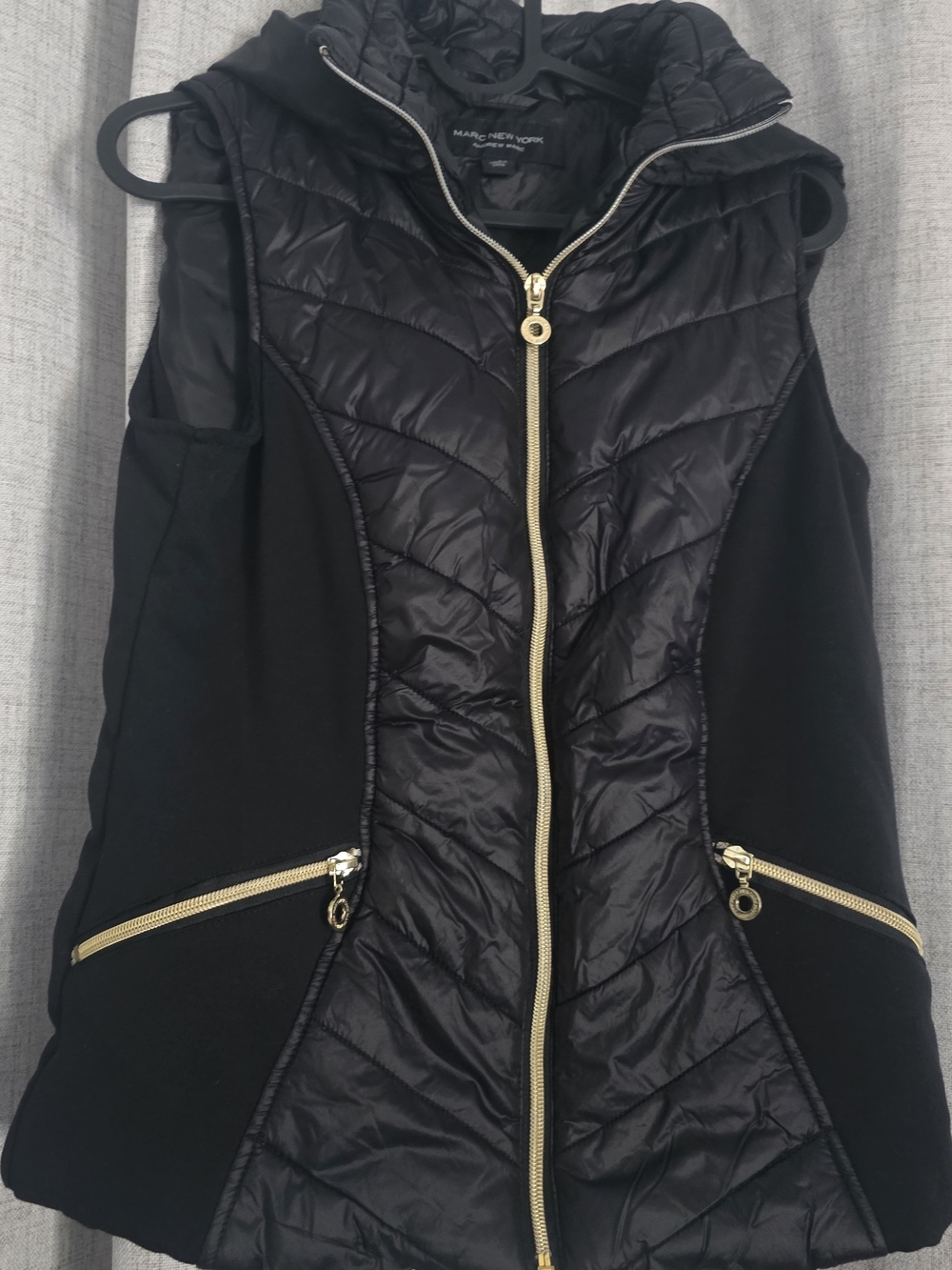 Marc New York Black Quilted Hooded Vest with Gold Zippers